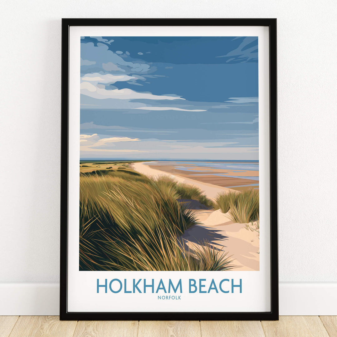 Holkham Beach Norfolk Canvas Print | Minimalist British Seaside Landscape Poster showcasing grass dunes and serene coastline.