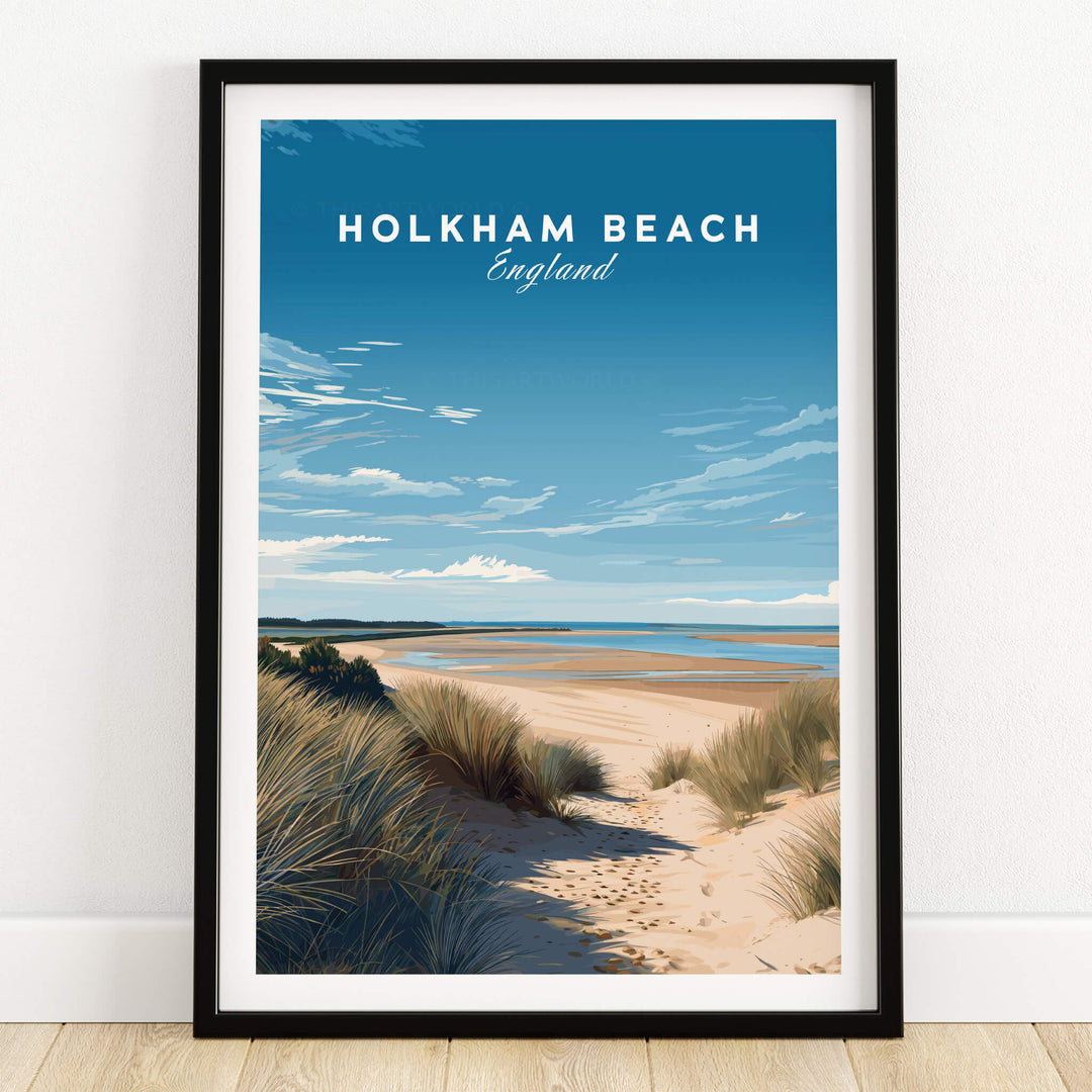Holkham Beach Norfolk Wall Art Print | British Beach Travel Poster showcasing a scenic view of Norfolk's coastline.