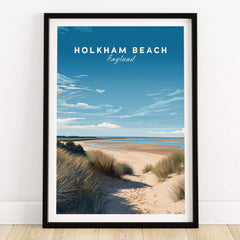 Holkham Beach Norfolk Wall Art Print | British Beach Travel Poster showcasing a scenic view of Norfolk's coastline.
