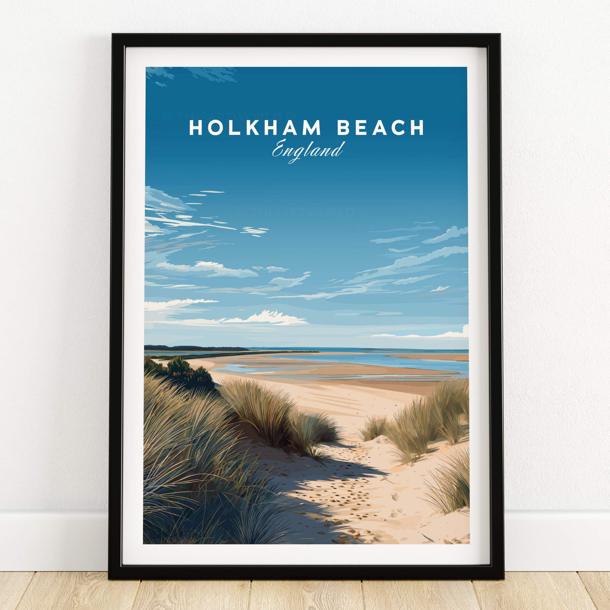 Holkham Beach Norfolk Wall Art Print | British Beach Travel Poster showcasing a scenic view of Norfolk's coastline.