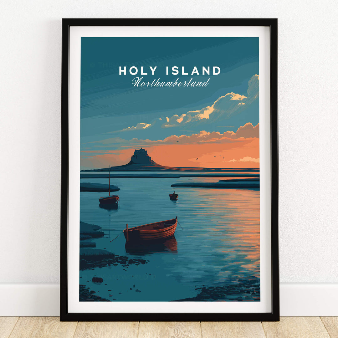 Holy Island Northumberland Wall Art Print | Lindisfarne Sunset Travel Poster featuring a colorful sunset over boats.