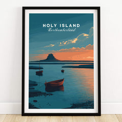 Holy Island Northumberland Wall Art Print | Lindisfarne Sunset Travel Poster featuring a colorful sunset over boats.