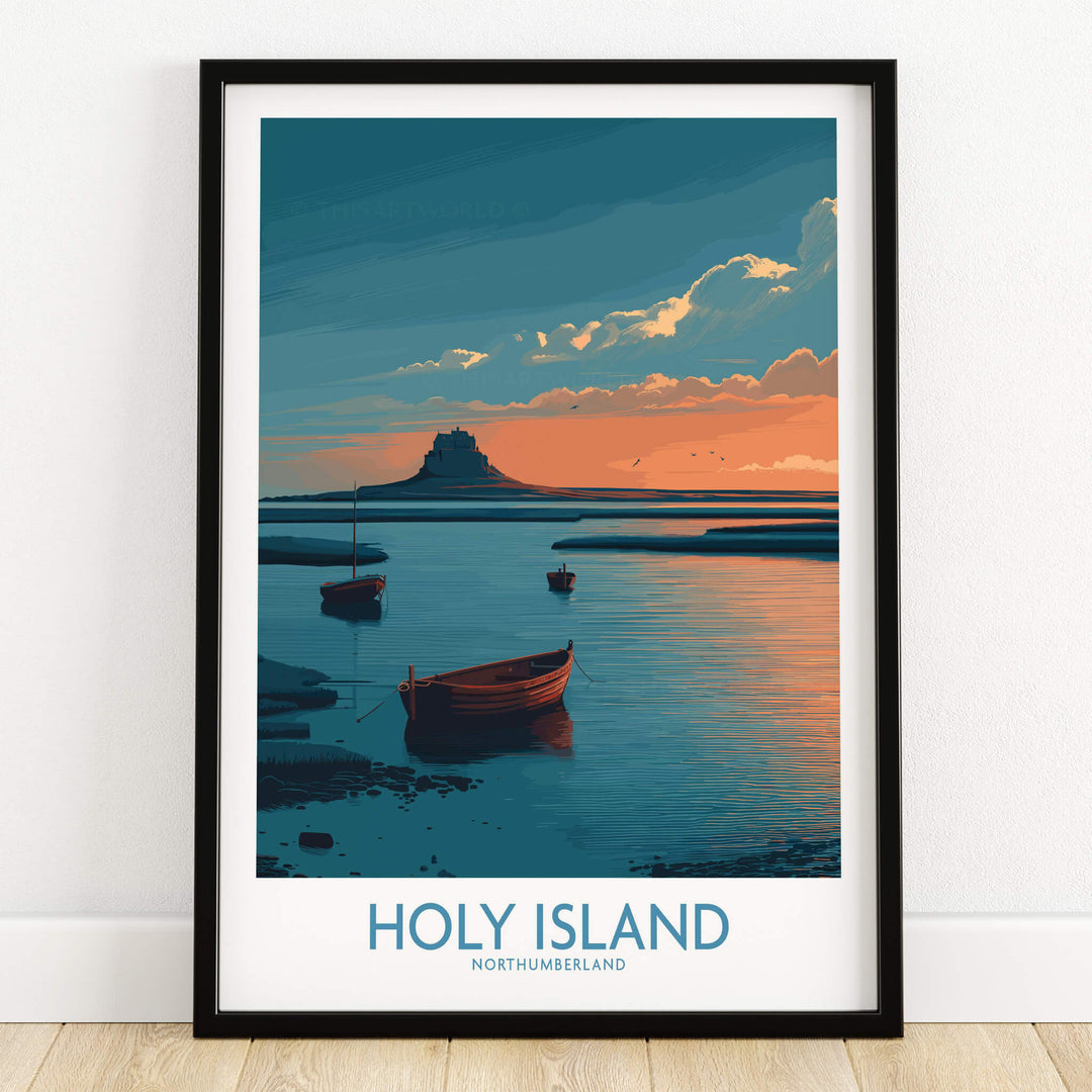 Holy Island Northumberland Poster | Coastal Castle Sunset Canvas Print featuring boats and dramatic sunset over the landmark.