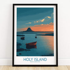 Holy Island Northumberland Poster | Coastal Castle Sunset Canvas Print featuring boats and dramatic sunset over the landmark.