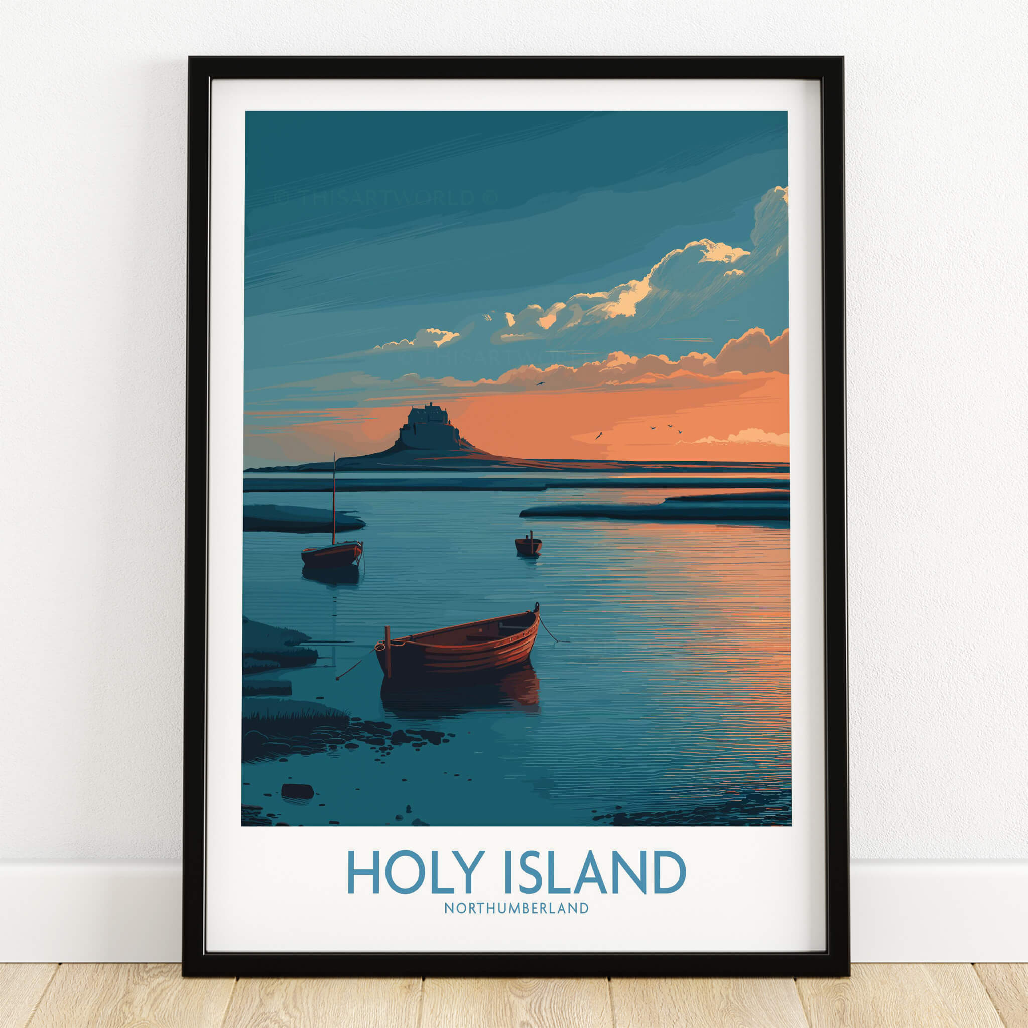 Holy Island Northumberland Poster | Coastal Castle Sunset Canvas Print featuring boats and dramatic sunset over the landmark.