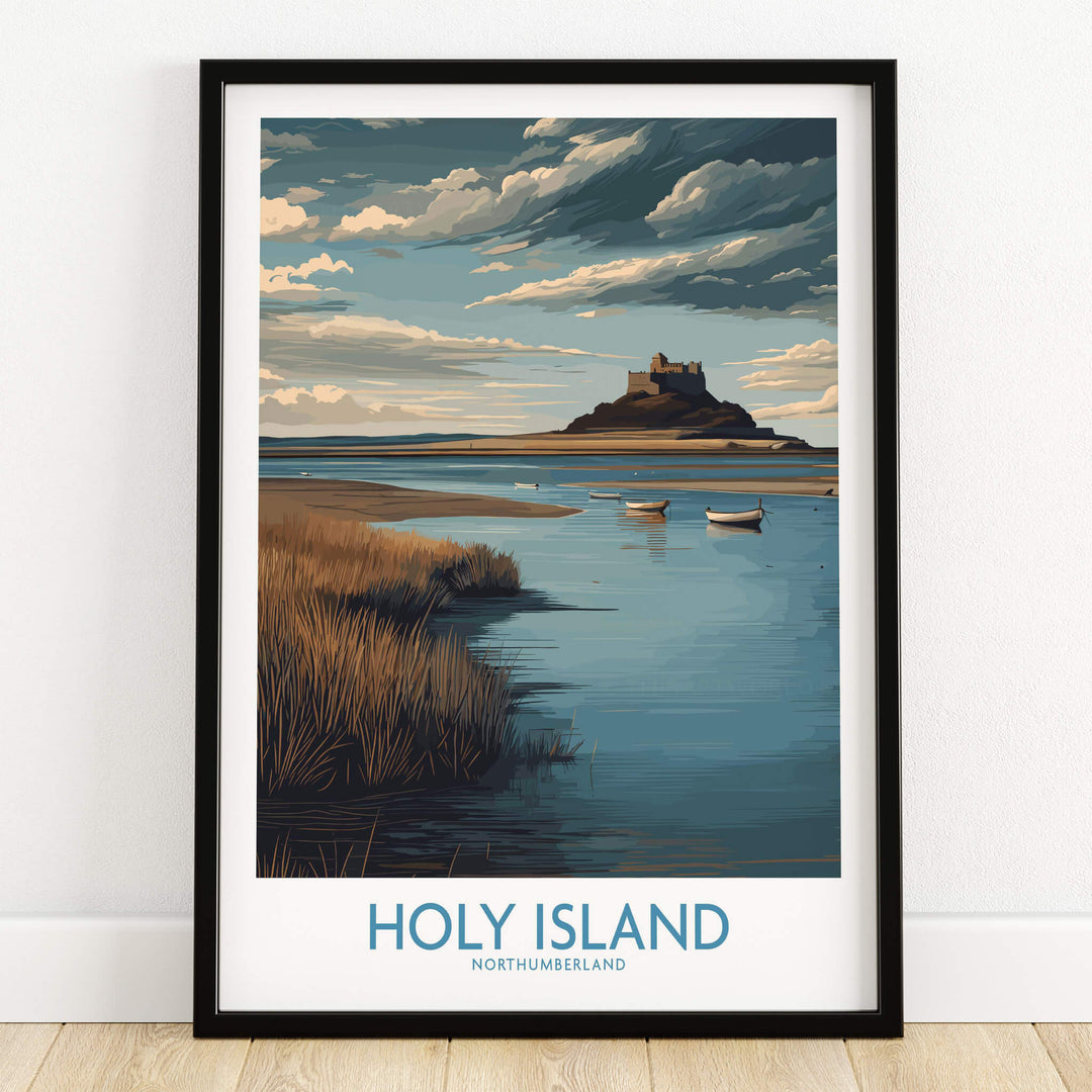 Holy Island Northumberland Poster | Historic England Coast Canvas Print featuring a dramatic landscape of Holy Island.