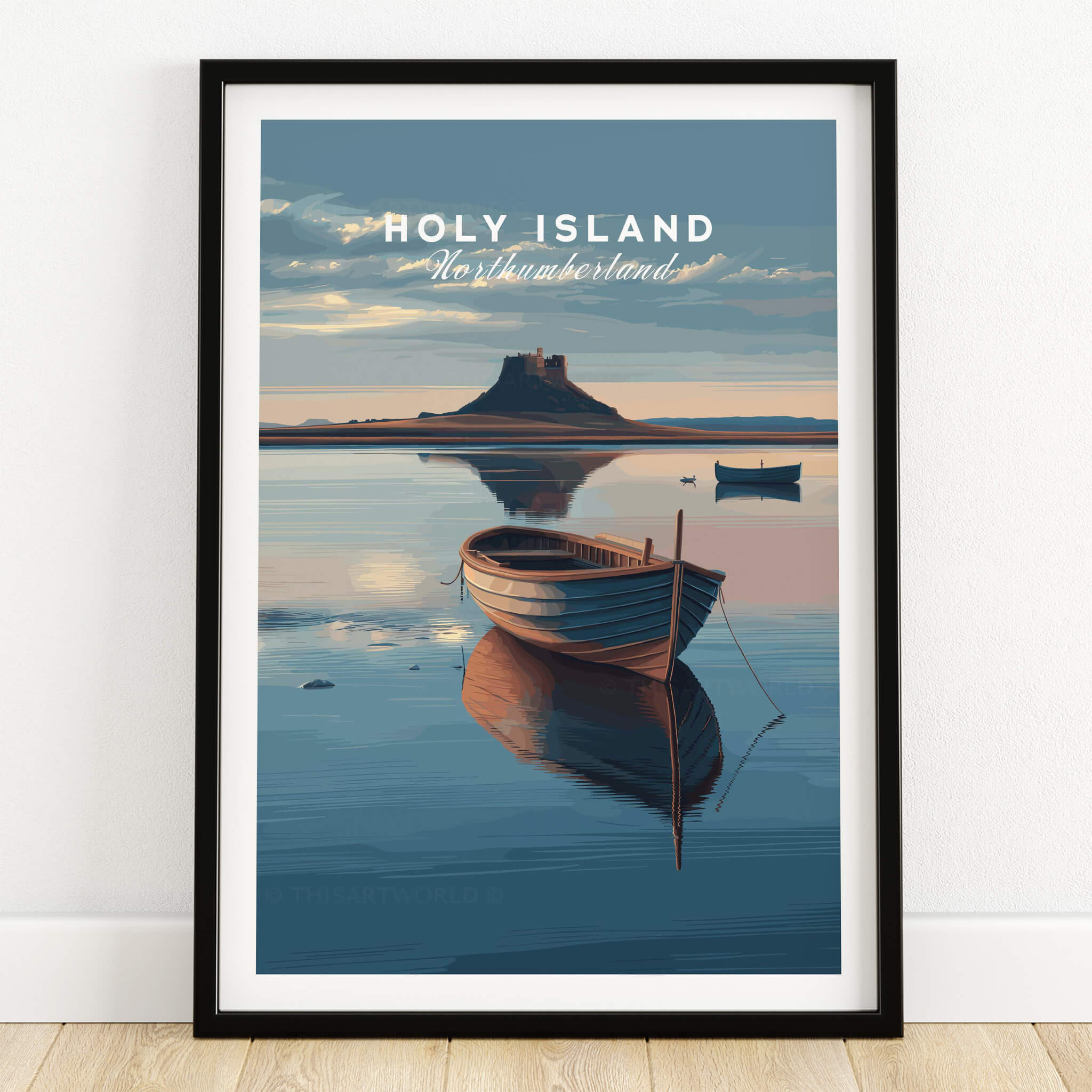 Holy Island Northumberland Wall Art Print | Serene Boat Scene Travel Poster featuring a tranquil boat on calm waters.