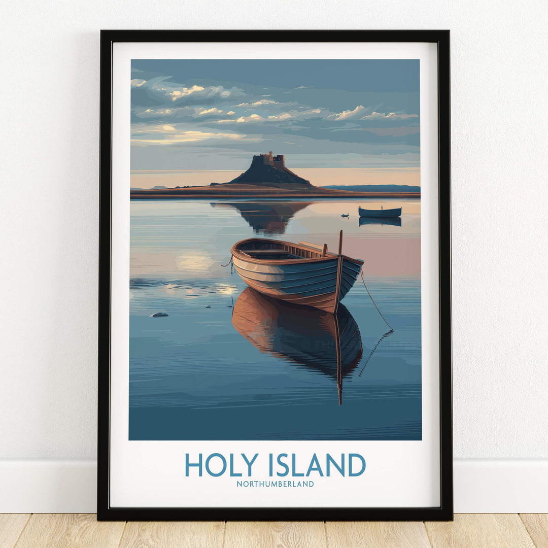 Holy Island Poster Northumberland | Lindisfarne Canvas Print featuring a serene boat on calm waters with a scenic background.
