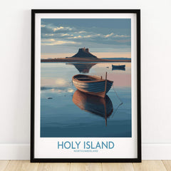 Holy Island Poster Northumberland | Lindisfarne Canvas Print featuring a serene boat on calm waters with a scenic background.