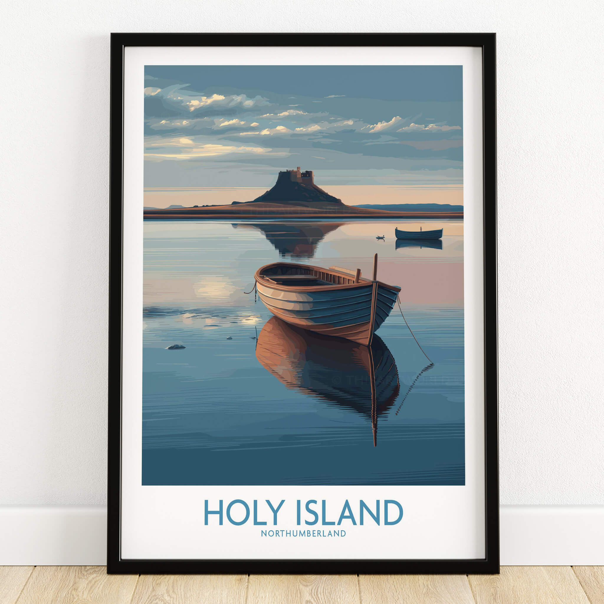 Holy Island Poster Northumberland | Lindisfarne Canvas Print featuring a serene boat on calm waters with a scenic background.