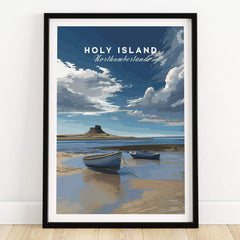 Holy Island Travel Poster Northumberland | Coastal Landscape Wall Art Print featuring boats on sandy shore.