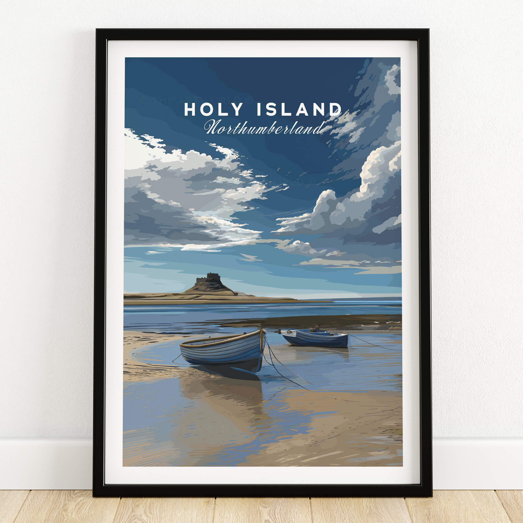 Holy Island Travel Poster Northumberland | Coastal Landscape Wall Art Print featuring boats on sandy shore.