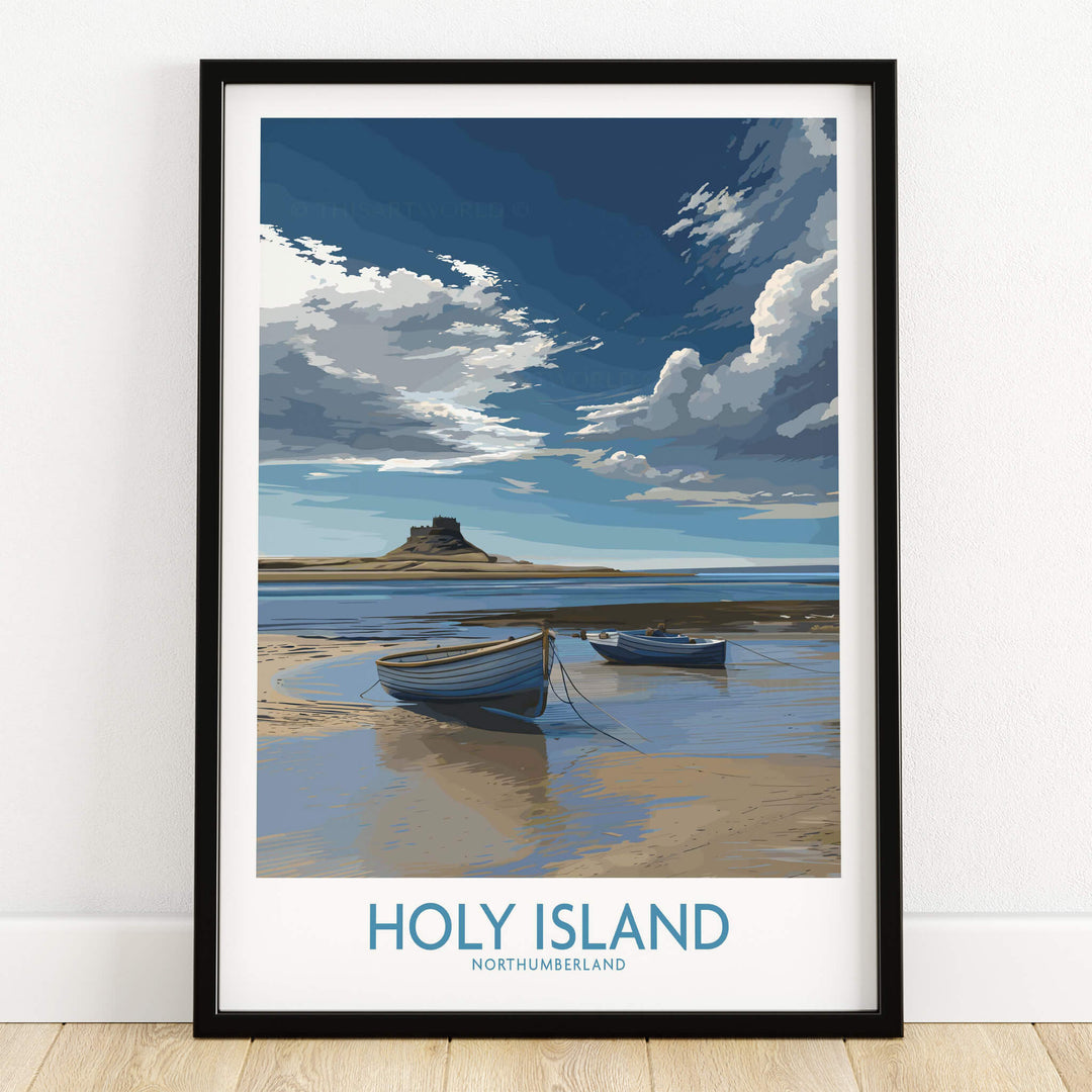 Holy Island Northumberland Poster | North Sea Coast Canvas Print featuring boats on a sandy shore with dramatic skies.