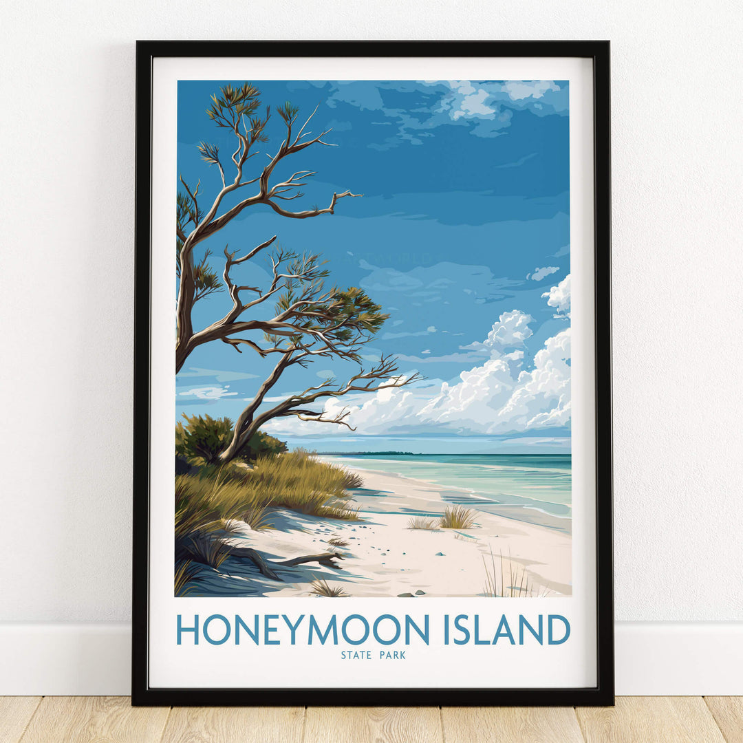 Honeymoon Island Poster | Florida State Park Coastline Canvas Print showcasing serene beach and blue sky.