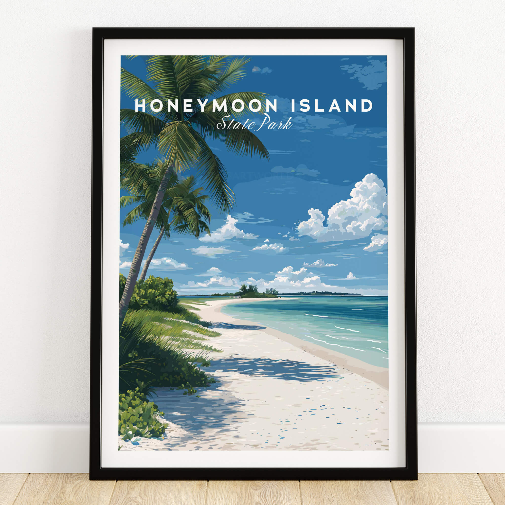 Honeymoon Island Travel Poster | Florida Beach Wall Art Print featuring palm trees and sandy beach.
