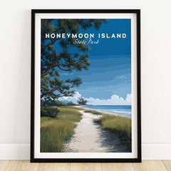 Honeymoon Island Wall Art Print | Florida Travel Poster featuring a serene beach path and lush coastal landscape.