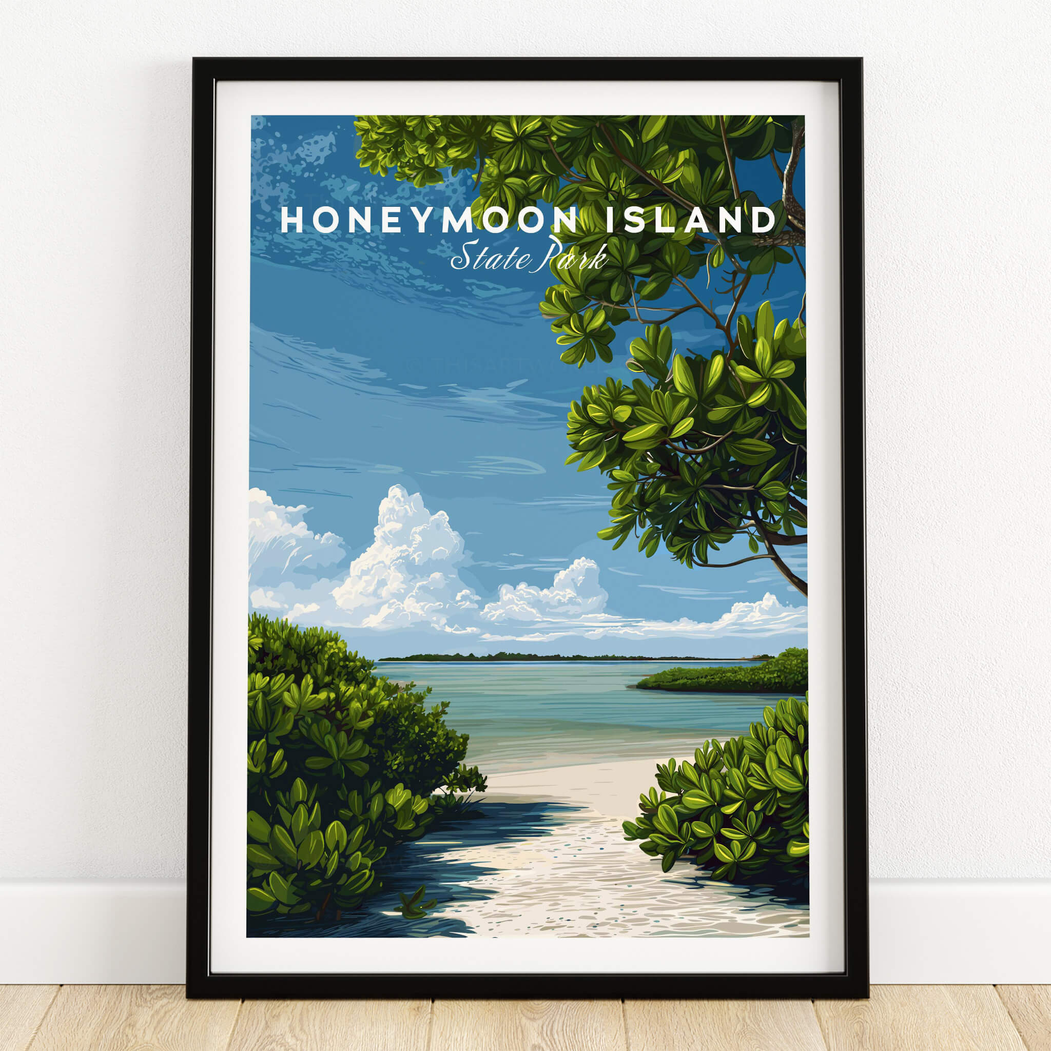 Honeymoon Island Florida Travel Poster | Mangrove Coast Wall Art Print showcasing a serene coastline and lush mangroves.