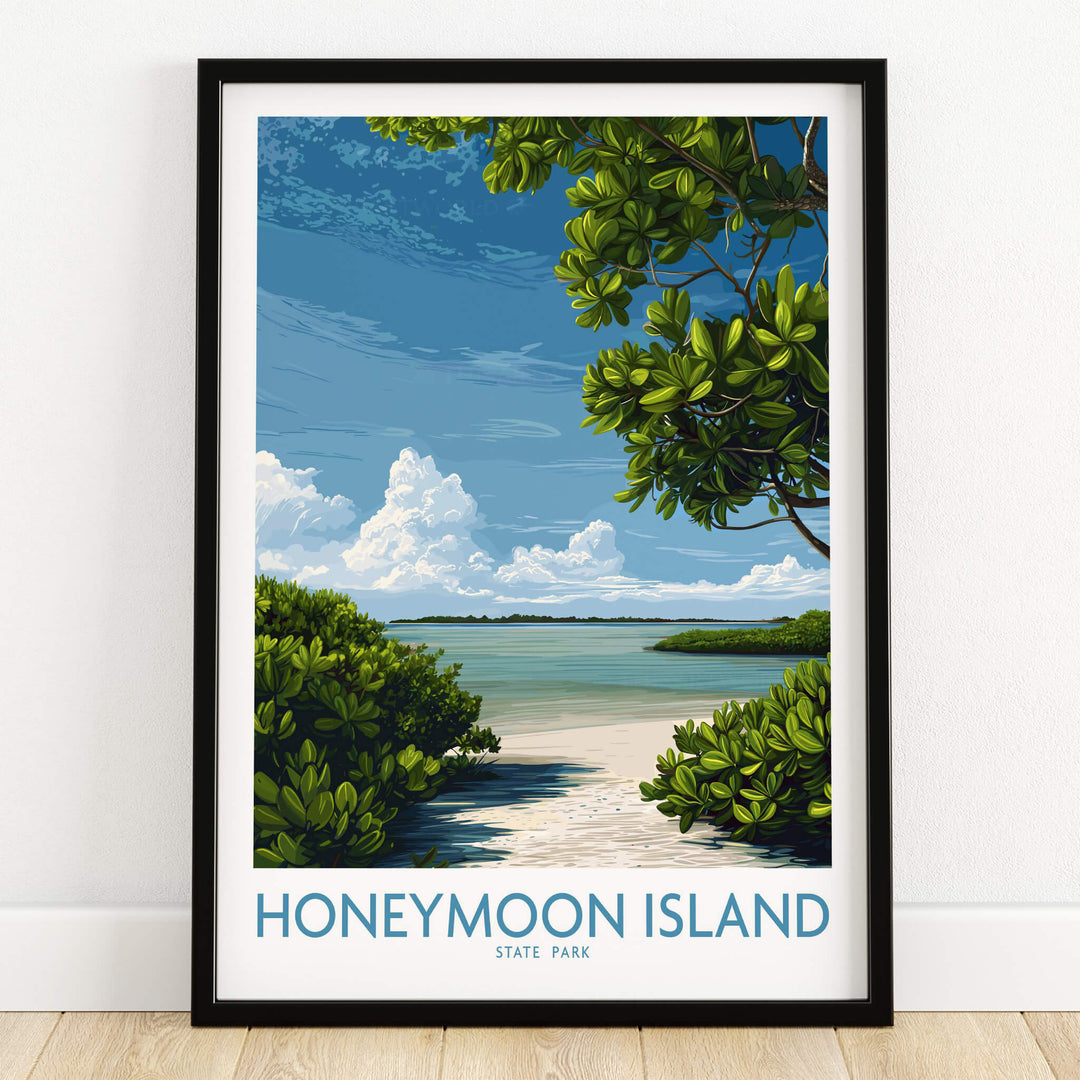 Honeymoon Island Florida Poster | Tropical Island Scene Canvas Print depicting lush greenery and serene water.