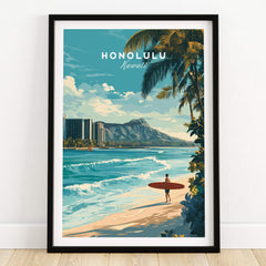 Honolulu Wall Art Print | Waikiki Beach Hawaii Travel Poster featuring a surfer on the beach in stunning colors.