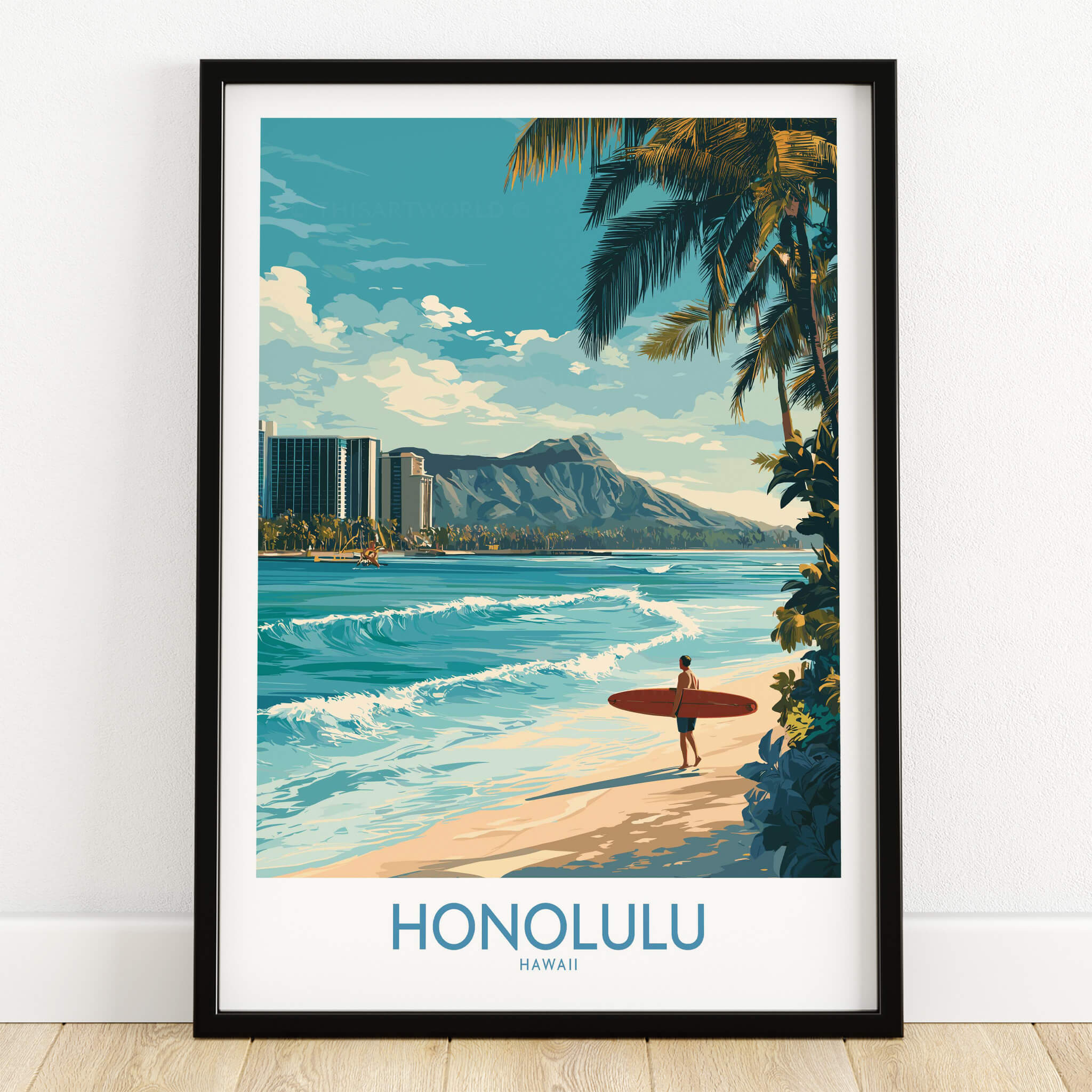 Honolulu Poster | Hawaii Surfing Canvas Print featuring vibrant ocean scenes and a surfer on the beach.