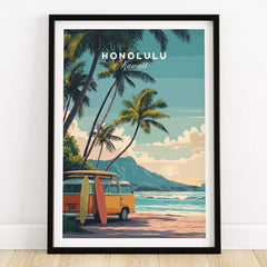 Honolulu Hawaii Travel Poster | Surf Van Beach Wall Art Print featuring a vibrant surf van and tropical beach scene.