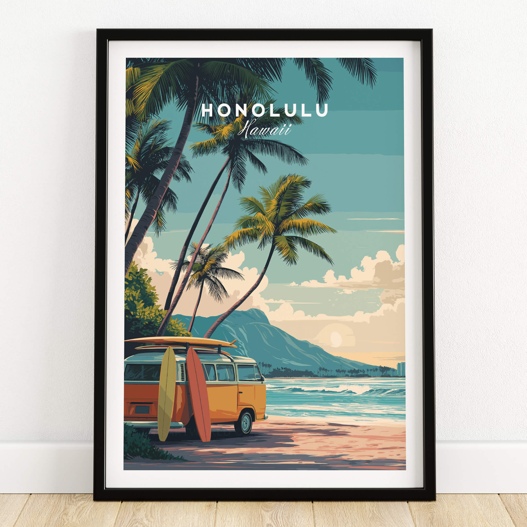 Honolulu Hawaii Travel Poster | Surf Van Beach Wall Art Print featuring a vibrant surf van and tropical beach scene.