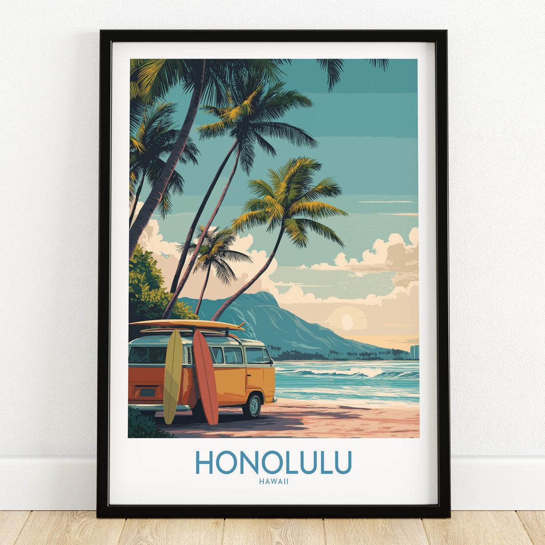 Honolulu Hawaii Poster | Vintage Aloha Style Canvas Print showcasing retro beach scene with vintage van and palm trees.