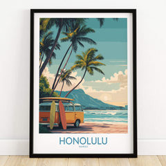 Honolulu Hawaii Poster | Vintage Aloha Style Canvas Print showcasing retro beach scene with vintage van and palm trees.