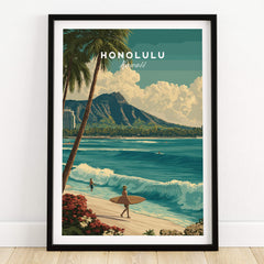 Honolulu Hawaii Wall Art Print | Waikiki Beach Surf Travel Poster featuring surfer and ocean waves in paradise.