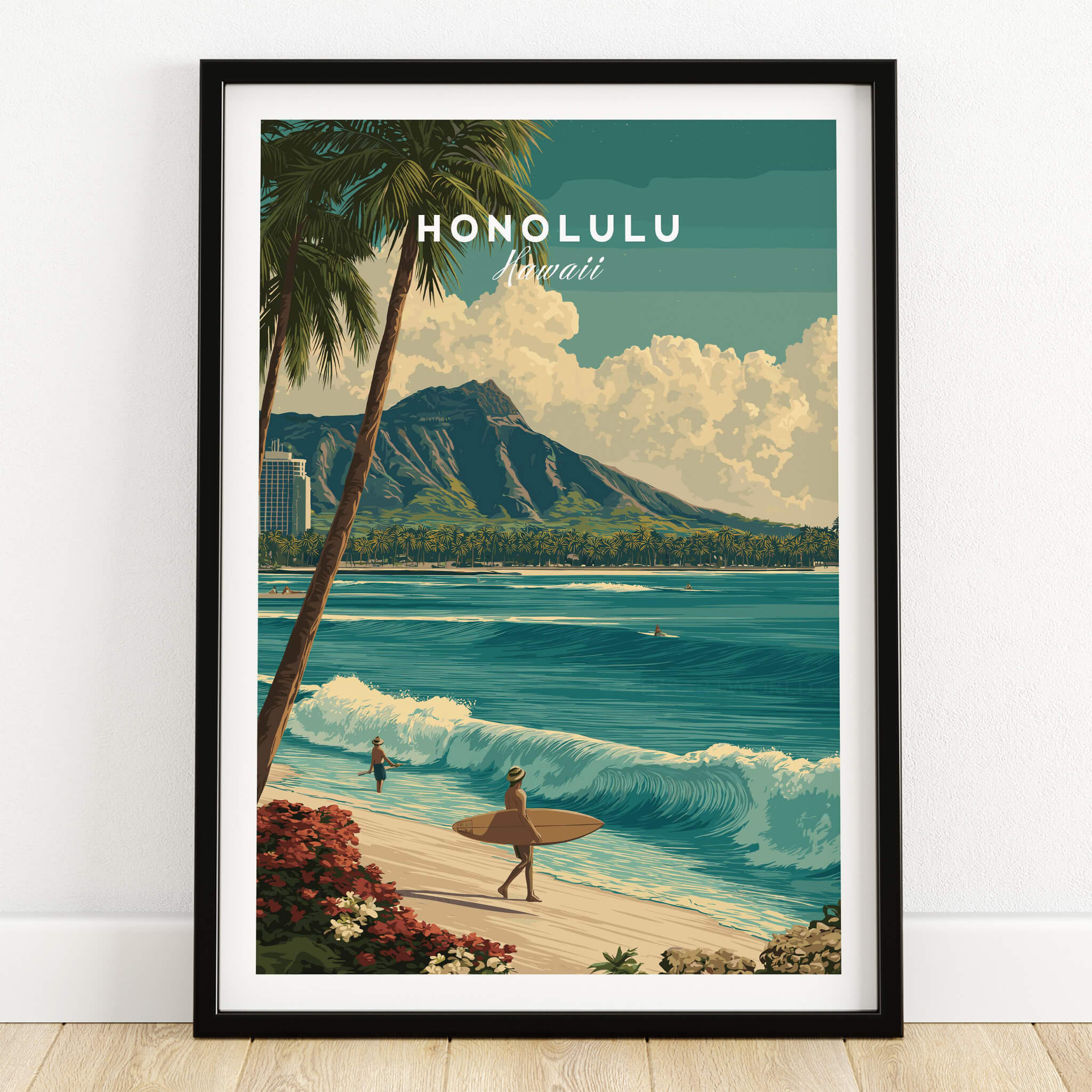 Honolulu Hawaii Wall Art Print | Waikiki Beach Surf Travel Poster featuring surfer and ocean waves in paradise.