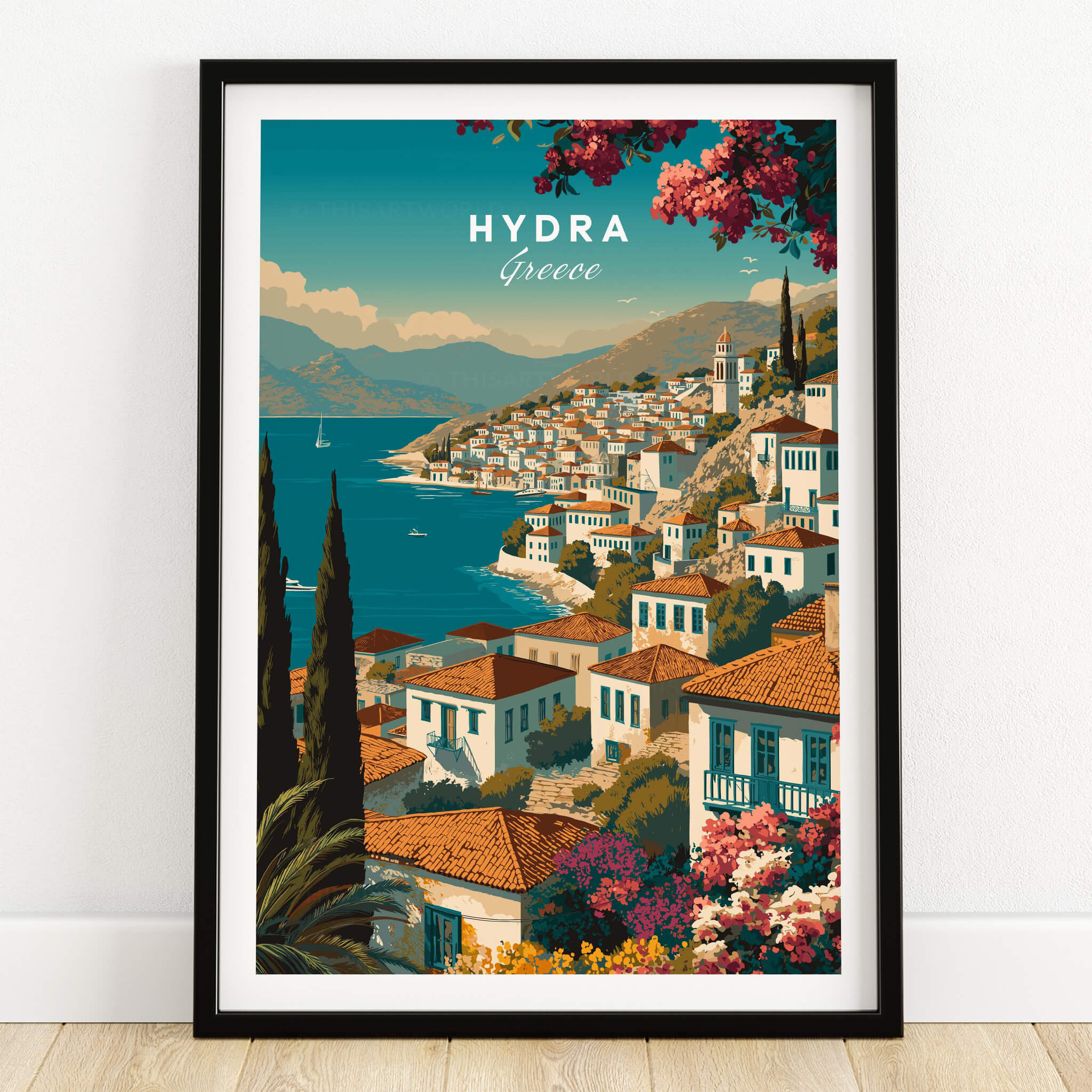 Hydra Greece Wall Art Print | Mediterranean Coastal Town Travel Poster featuring scenic coastal village and azure waters.