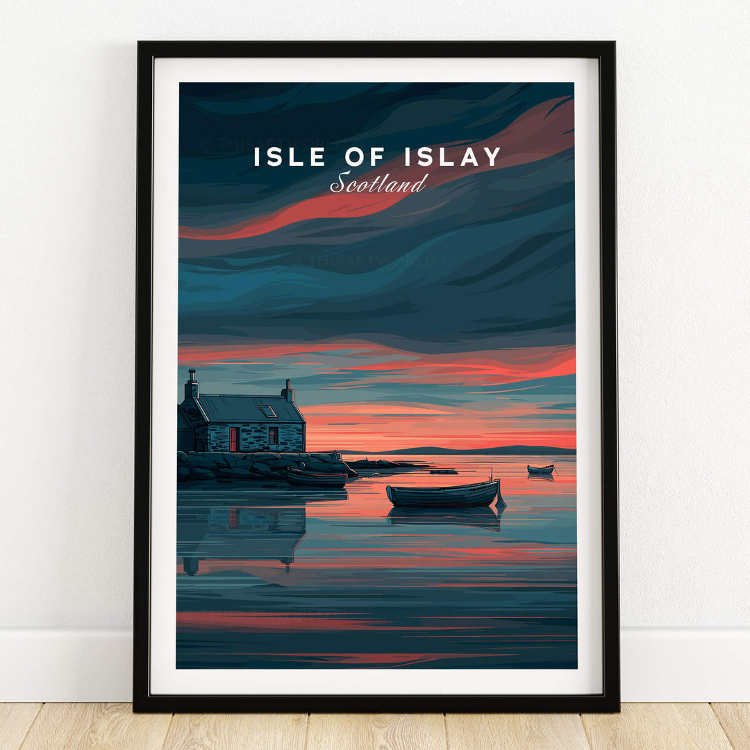 Isle of Islay Scotland Travel Posters | Highland Coastal House Wall Art Print featuring scenic highland landscapes.