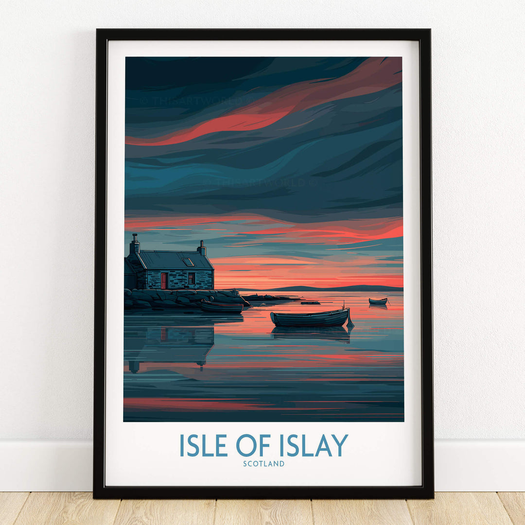 Isle of Islay Scotland Posters | Scottish Hebrides Seascape Canvas Print framed artwork featuring serene coastal scenery.