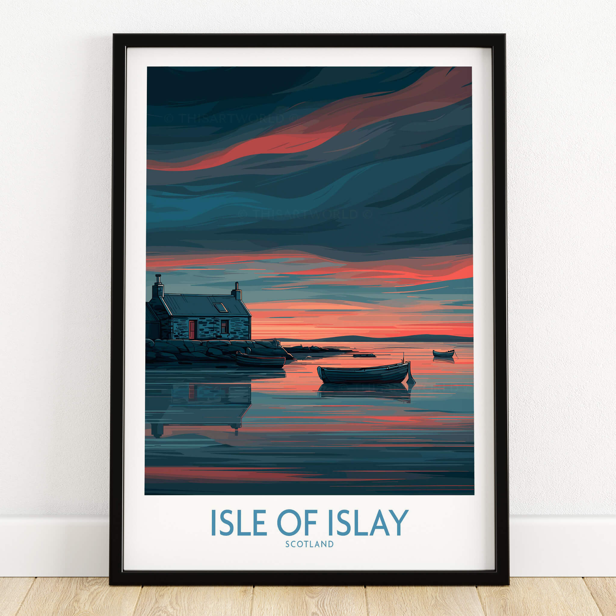 Isle of Islay Scotland Posters | Scottish Hebrides Seascape Canvas Print framed artwork featuring serene coastal scenery.