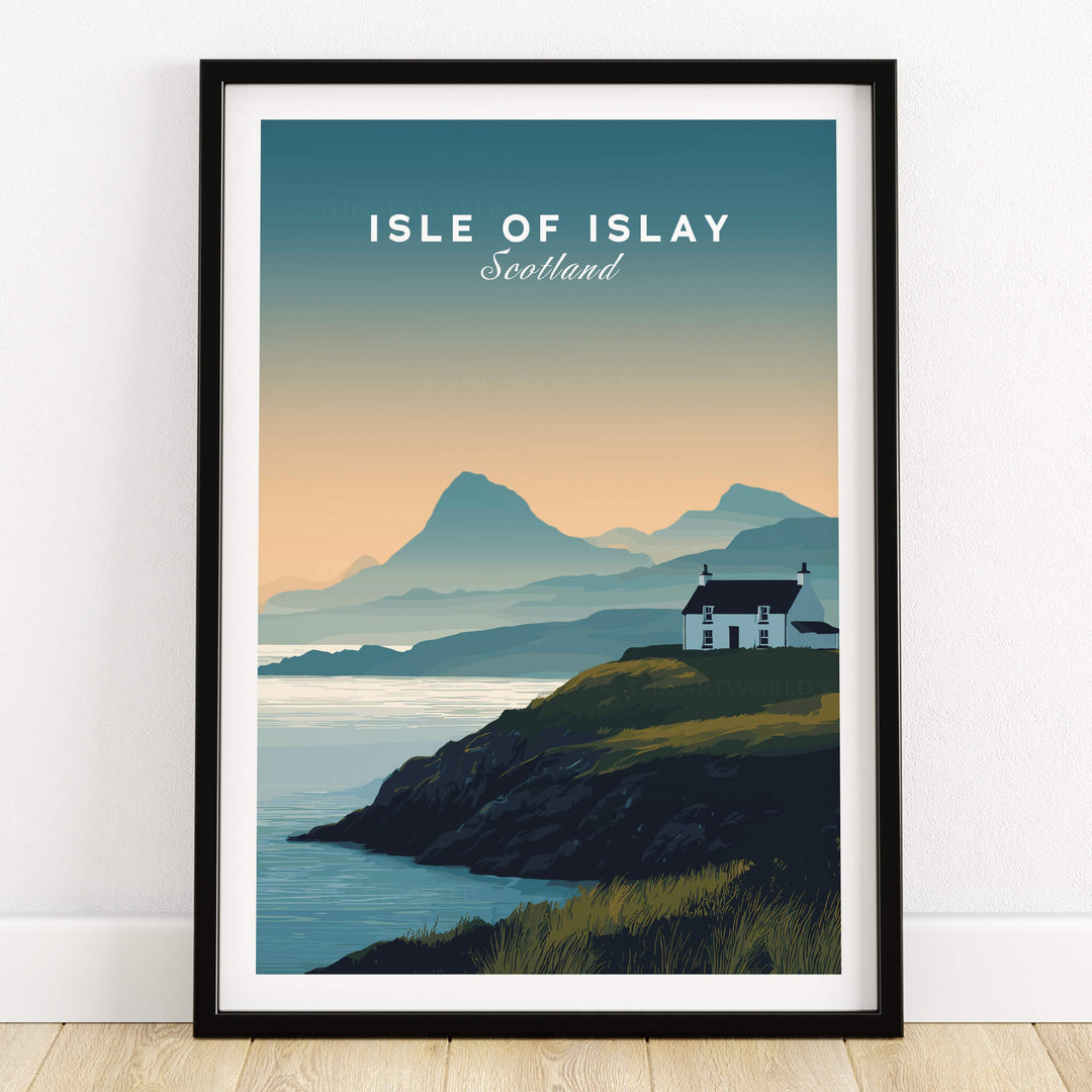 Isle of Islay Scotland Travel Poster featuring dramatic coastlines and scenic landscapes of the island.