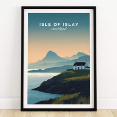 Isle of Islay Scotland Travel Poster featuring dramatic coastlines and scenic landscapes of the island.