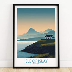 Isle of Islay Scotland Canvas & Art Print showcasing a serene landscape with mountains and a charming house.