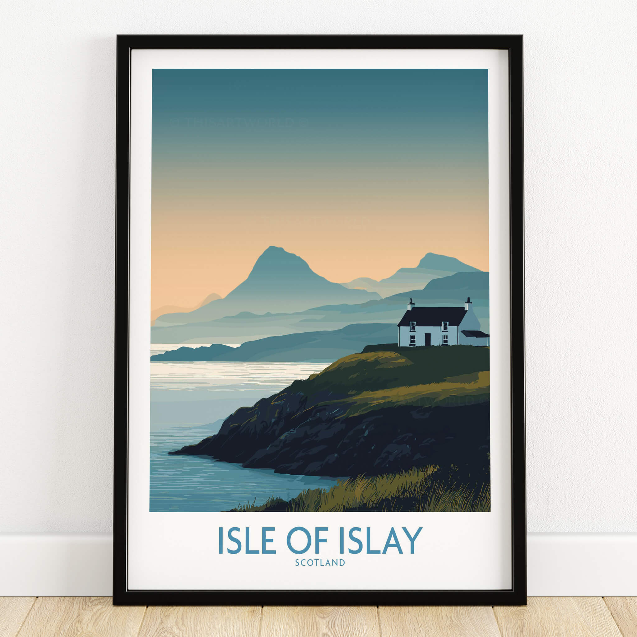 Isle of Islay Scotland Canvas & Art Print showcasing a serene landscape with mountains and a charming house.