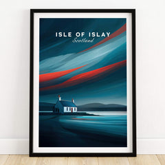 Isle of Islay Scotland Wall Art Print | Dramatic Sky Travel Poster featuring a scenic house and colorful sky.
