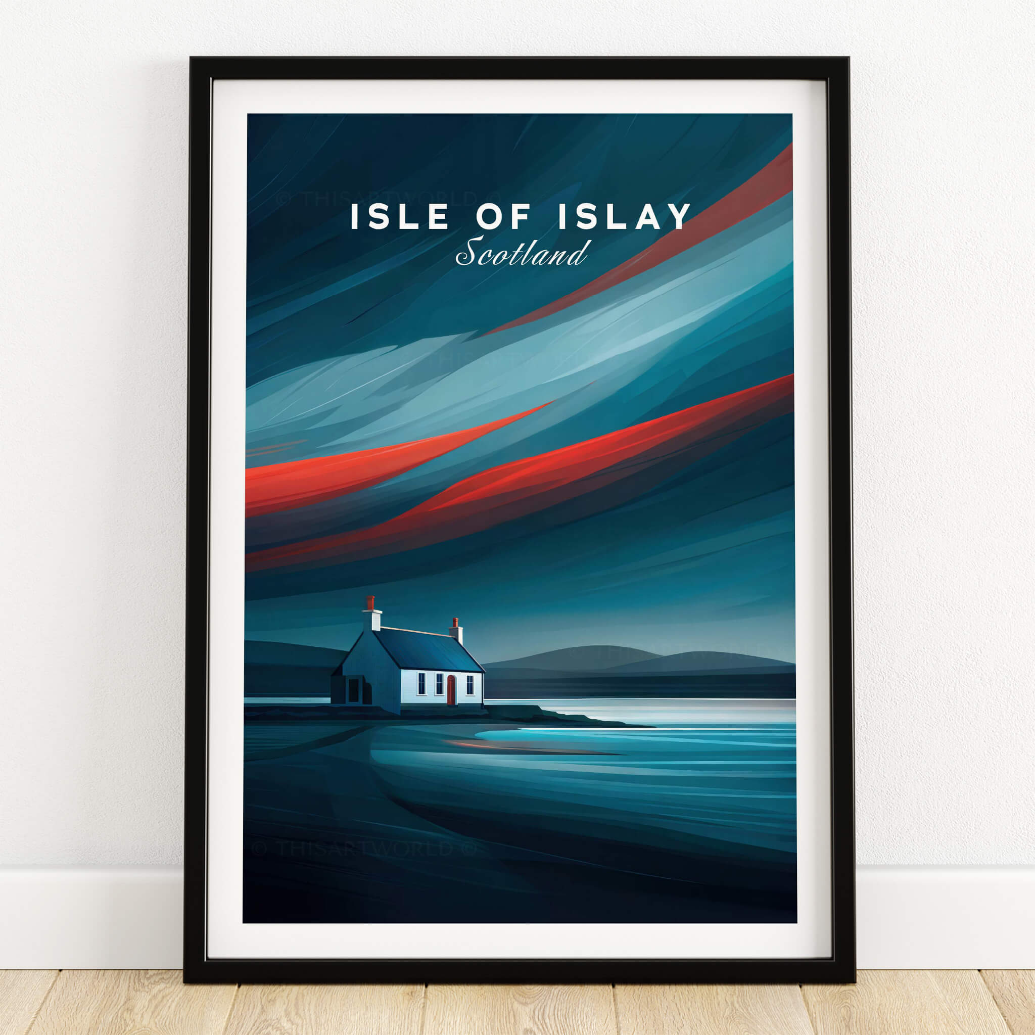 Isle of Islay Scotland Wall Art Print | Dramatic Sky Travel Poster featuring a scenic house and colorful sky.