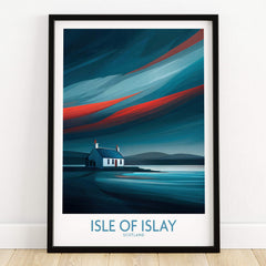 Isle of Islay Scotland Posters | Vibrant Scottish Island Scene Canvas Print displayed in a black frame on a white wall.