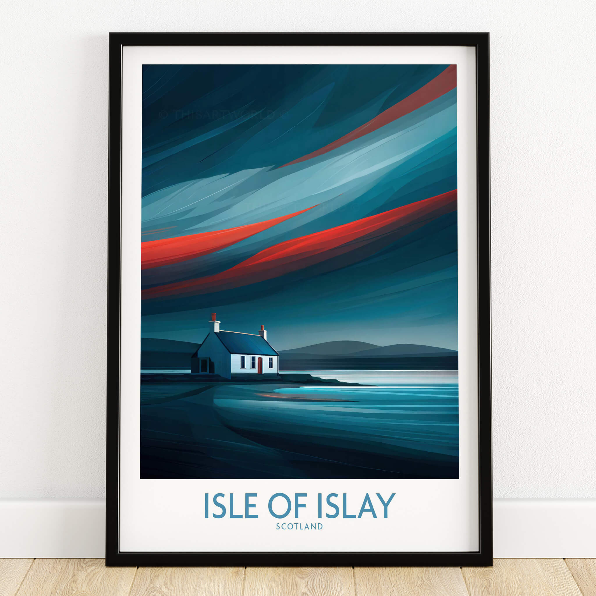 Isle of Islay Scotland Posters | Vibrant Scottish Island Scene Canvas Print displayed in a black frame on a white wall.