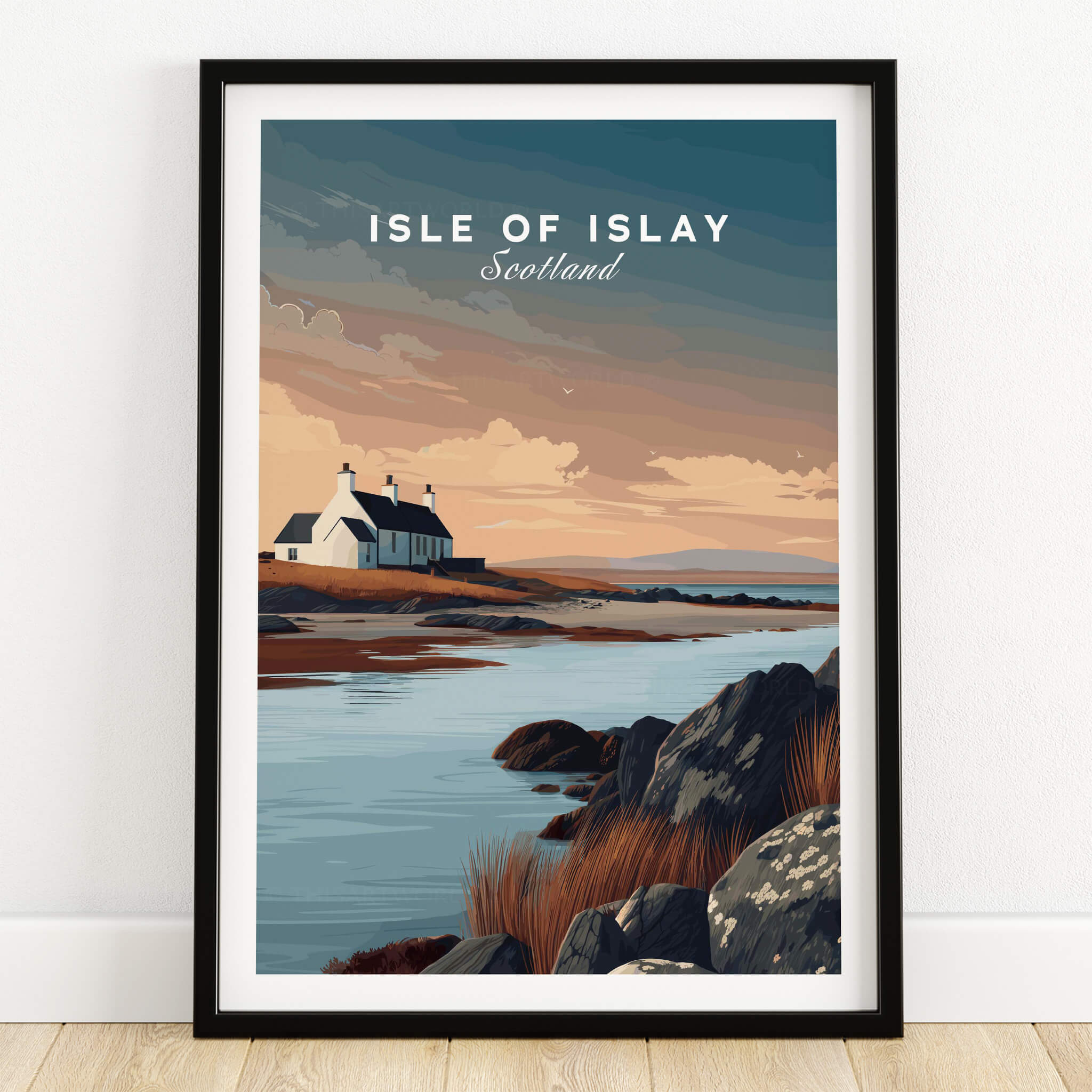 Isle of Islay Scotland Travel Posters | Scenic Coastal Cottage Wall Art Print showcasing a charming cottage and landscape.