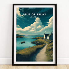 Isle of Islay Scotland Wall Art Print | Coastal Path Travel Poster featuring a coastal scene and charming cottages.