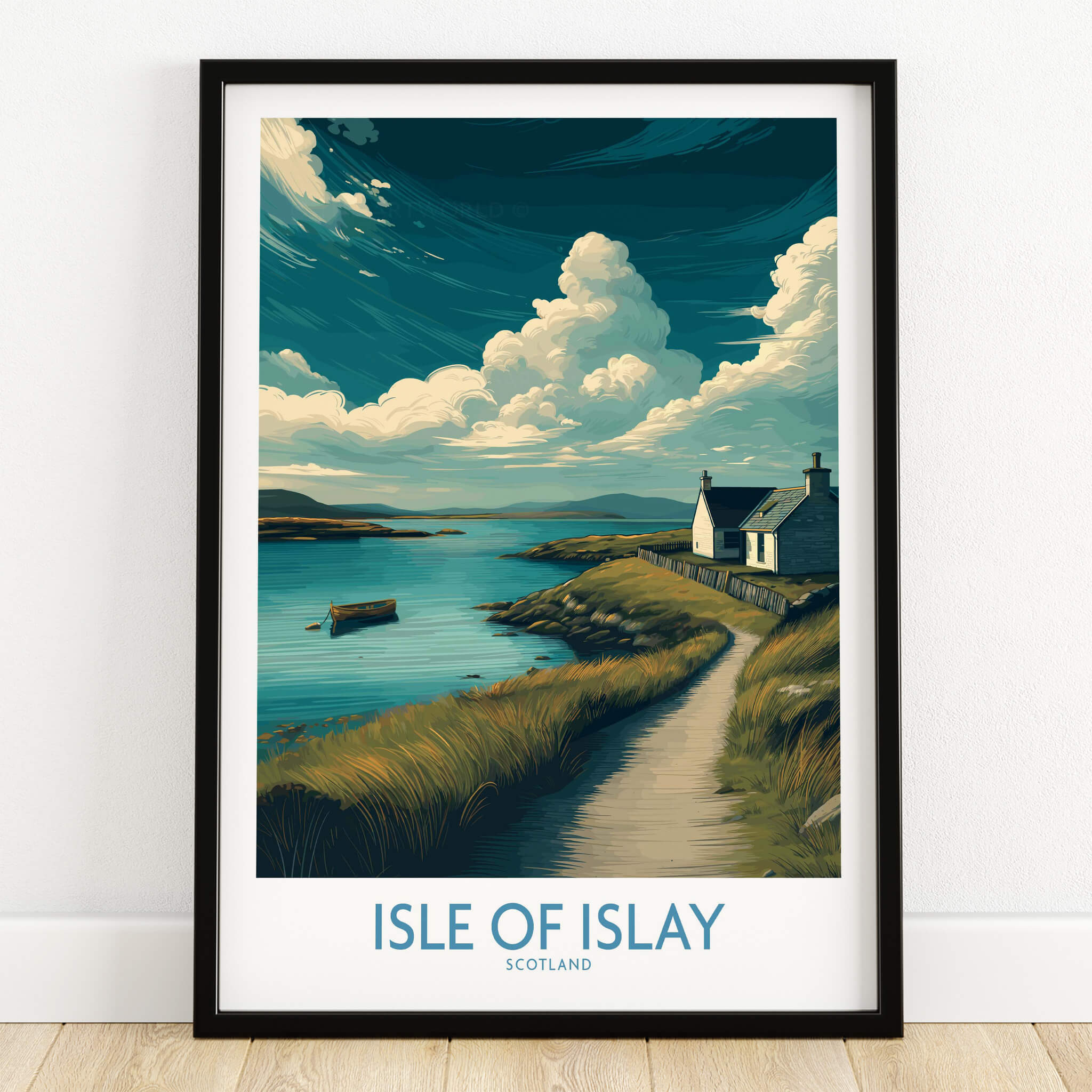 Isle of Islay Scotland Poster | Scottish Seaside Village Canvas Print depicting charming coastal scenery.