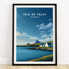 Isle of Islay Scotland Travel Posters | Sunny Coastal Wall Art Print featuring a scenic coastal view.