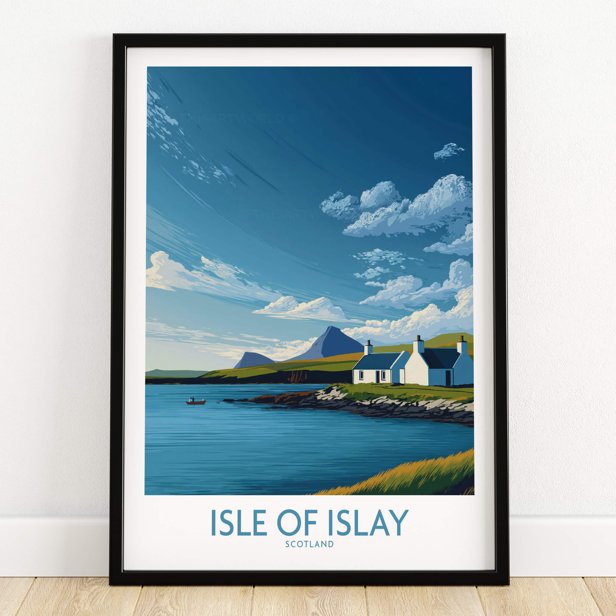 Isle of Islay Scotland Canvas Print | Scottish Hebrides Poster featuring a coastal landscape and blue skies.