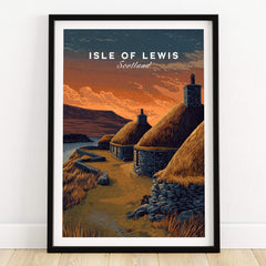 Isle of Lewis Scotland Travel Poster | Blackhouse Village Wall Art Print showcasing traditional Scottish architecture.