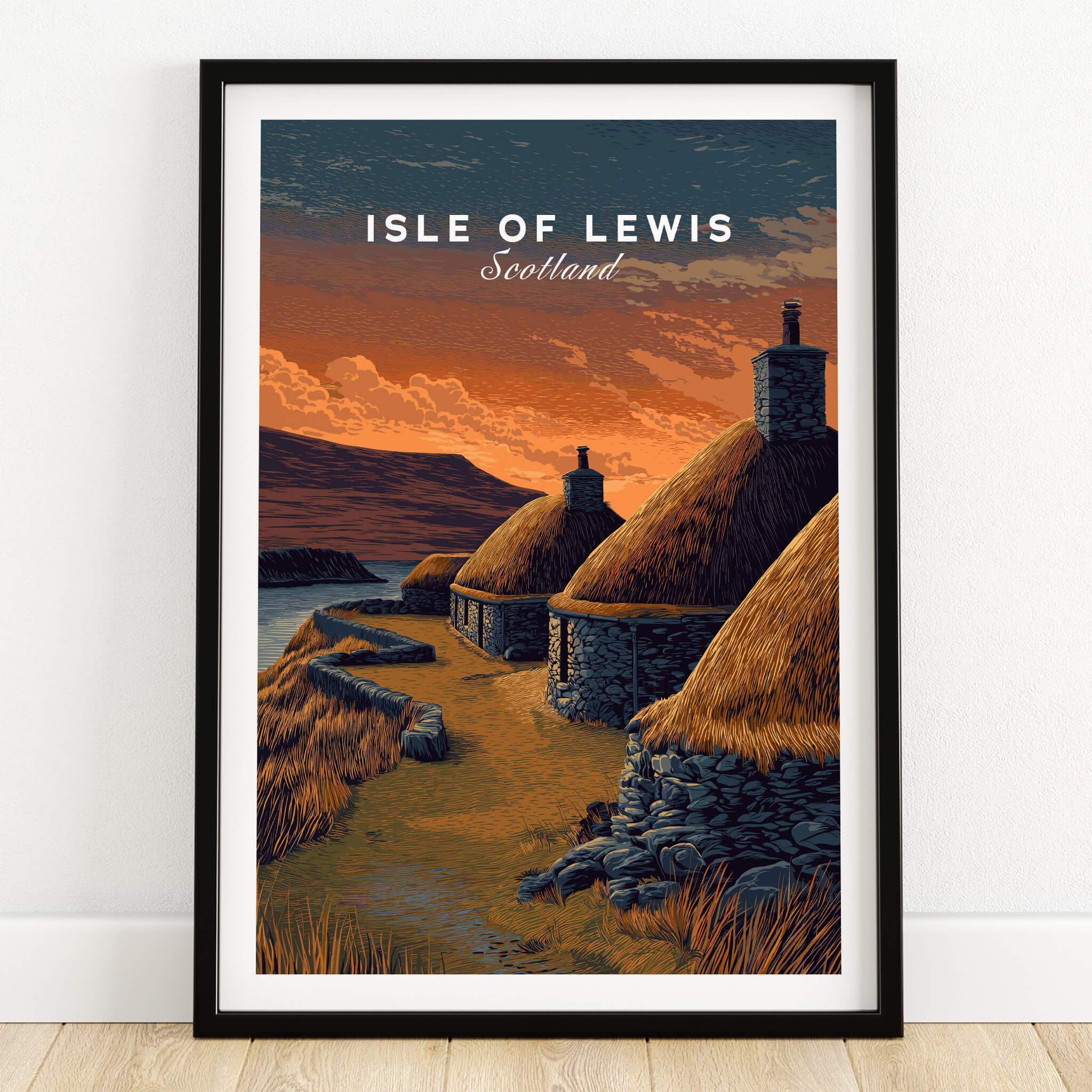 Isle of Lewis Scotland Travel Poster | Blackhouse Village Wall Art Print showcasing traditional Scottish architecture.