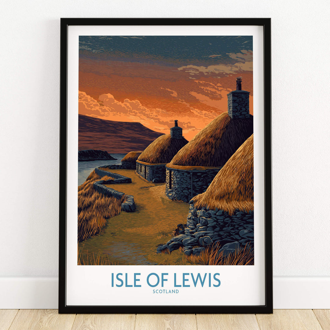 Isle of Lewis Scotland Canvas Print | Outer Hebrides Norse Mill Poster featuring traditional houses at sunset.